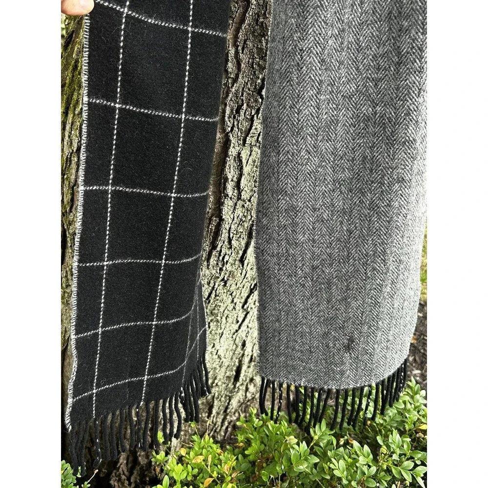 Polo Ralph Lauren Lambswool Scarf Grey Black Plaid Fringe Preppy Heritage Italy